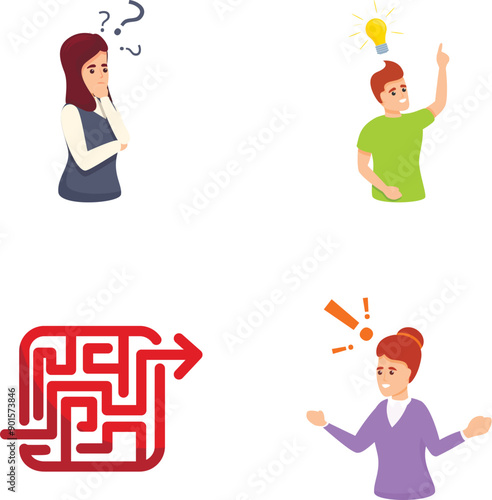 Decision making icons set cartoon vector. People thinking and solving problem. Project development