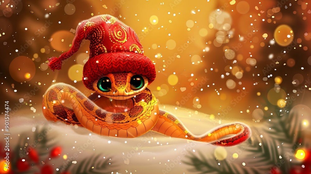 Cute cartoon snake in knitted hat, New Year's card in red and gold colors.Merry Christmas 2025 Cute cartoon snake in knitted hat, New Year's card in red and gold colors.Merry Christmas 2025