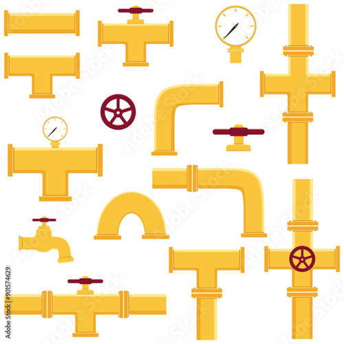 A set of industrial pipelines. Oil, water or gas pipeline with fittings and valves. Isolated vector illustration