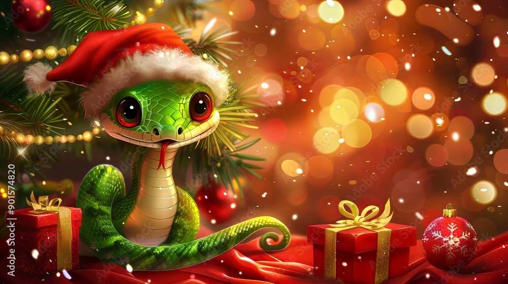 A cute cartoon green snake in a Santa hat with a red gift sits near the Christmas tree.2025 A cute cartoon green snake in a Santa hat with a red gift sits near the Christmas tree.2025