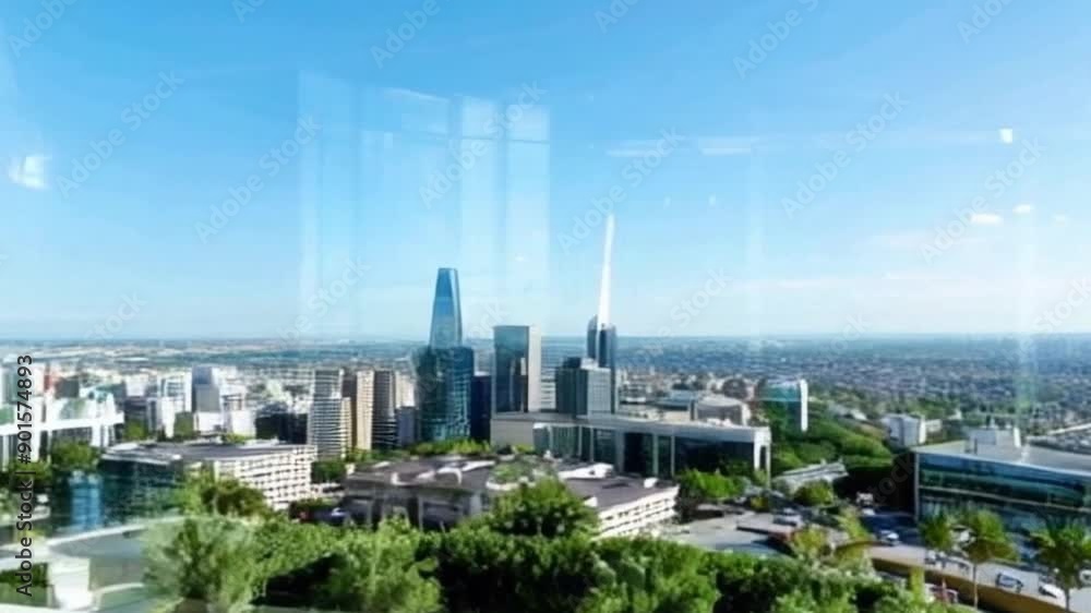 City Skyline View Through Glass Windows City Skyline View Through Glass Windows