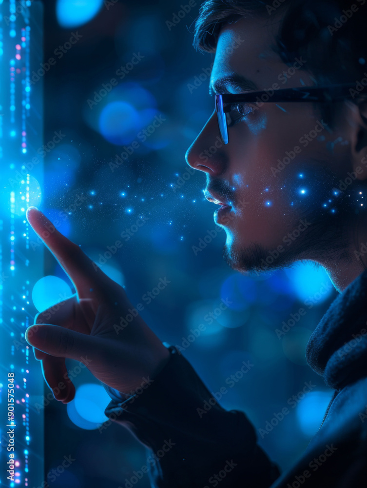 A man is pointing at a screen with a blue background A man is pointing at a screen with a blue background