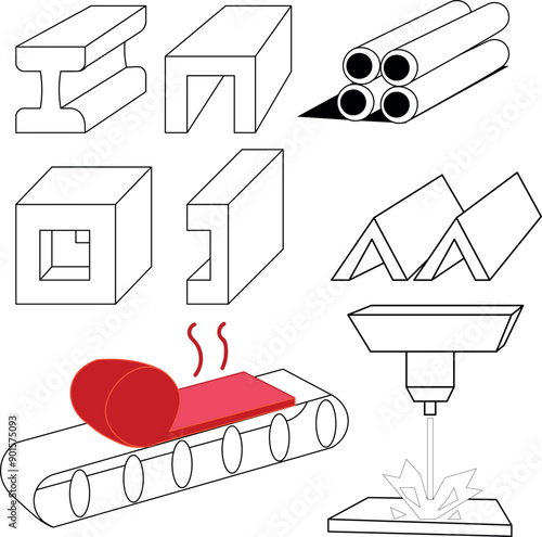 A metallurgical icon set featuring steel beams, pipes, and other items. There's also a laser cutter and a hot shaft on a shop conveyor.