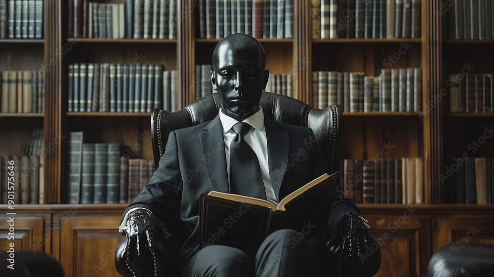 Mysterious Black Figure Reading in a Library Stock Illustration | Adobe ...
