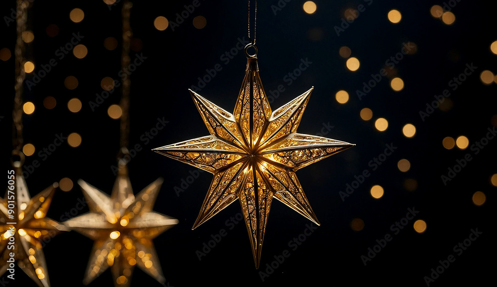 Gold star light hanging on dark background Gold star light hanging on dark background