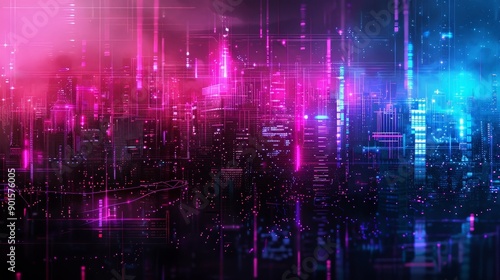 Wallpaper Mural Futuristic Cyberpunk Cityscape in Dark Pink Texture with Cyan Gradient, Glowing Neon Lights Torontodigital.ca