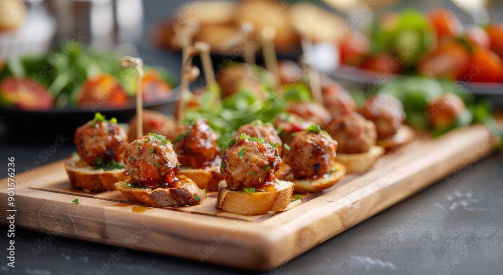 Fototapeta premium Meatball Appetizers on Wooden Board