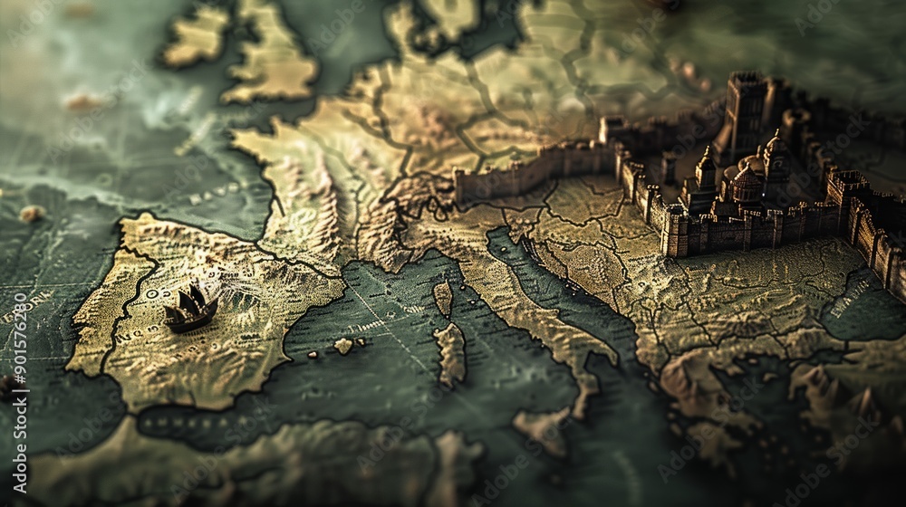 3D World map of the Europe. Exaggerated EU topographic relief. Central Europe, Mediterranean, Scandinavia, UK, Russia, three dimensional continent 3D World map of the Europe. Exaggerated EU topographic relief. Central Europe, Mediterranean, Scandinavia, UK, Russia, three dimensional continent