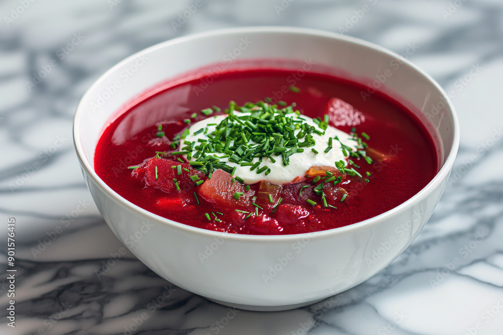 Cold beet soup (borscht) with a swirl of yogurt and a sprinkle of chopped chives, presented in a modern white bowl on a marble countertop. Cold beet soup (borscht) with a swirl of yogurt and a sprinkle of chopped chives, presented in a modern white bowl on a marble countertop.
