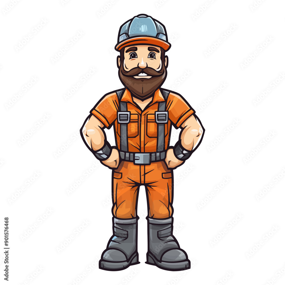 Vector illustration of a cheerful construction worker in an orange uniform, representing labor, industry, and occupation.