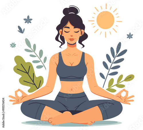 Vector illustration of a woman meditating outdoors, basking in sunlight with plants and flowers.