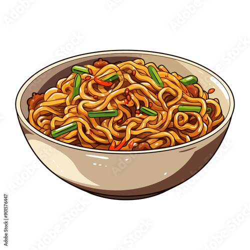 Illustration of a delicious bowl of noodles with vegetables and spices. Vector illustration.