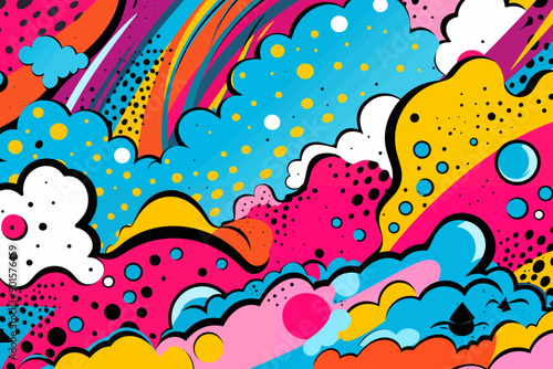 Illustration of a colorful pop art scene with abstract clouds and dynamic patterns. Vector illustration.