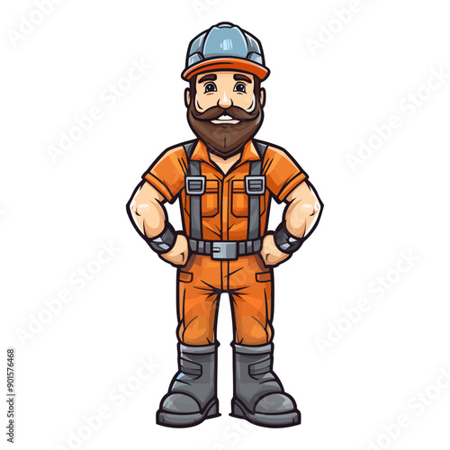 Vector illustration of a cheerful construction worker in an orange uniform, representing labor, industry, and occupation.