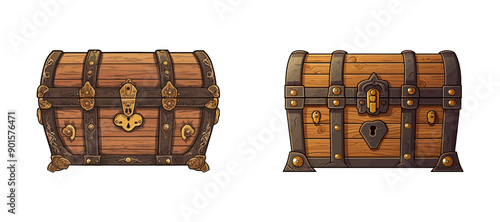 Vector illustration of two ornate wooden treasure chests with metal details.