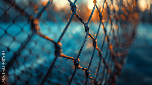 Close-up of a Wire Fence Mesh with Sun Glowing Through