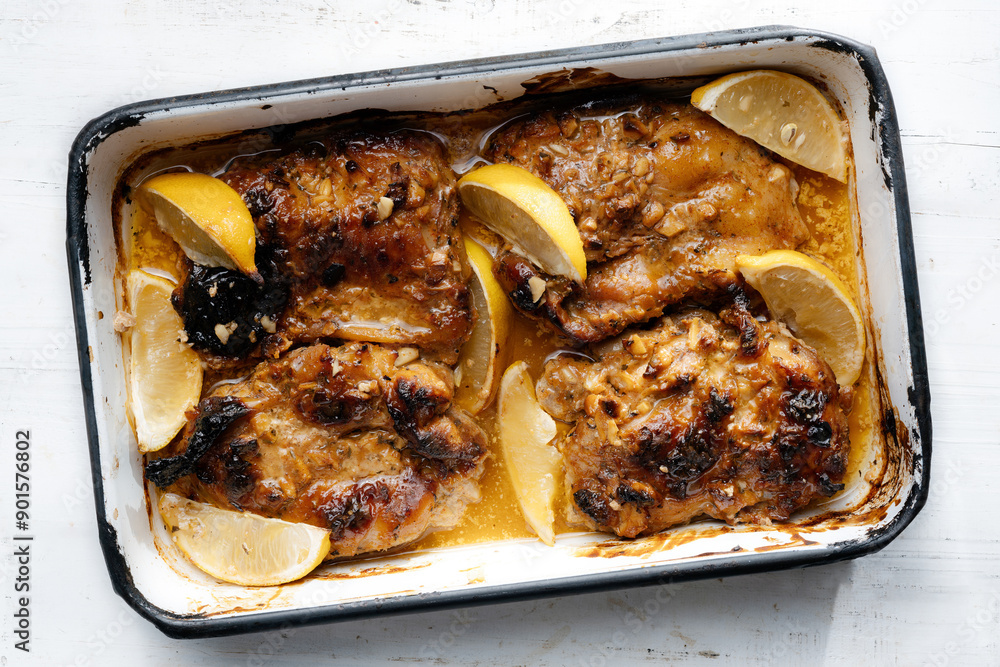 tray of baked chicken thighs
