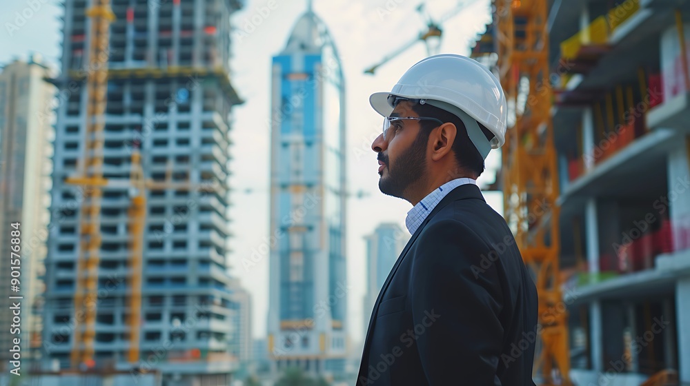 Professional Arab man in a formal jacket and project helmet on a construction site overseeing a large building project with heavy machinery and construction workers Professional Arab man in a formal jacket and project helmet on a construction site overseeing a large building project with heavy machinery and construction workers