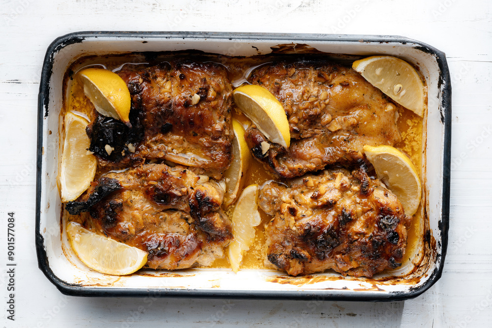tray of baked chicken thighs