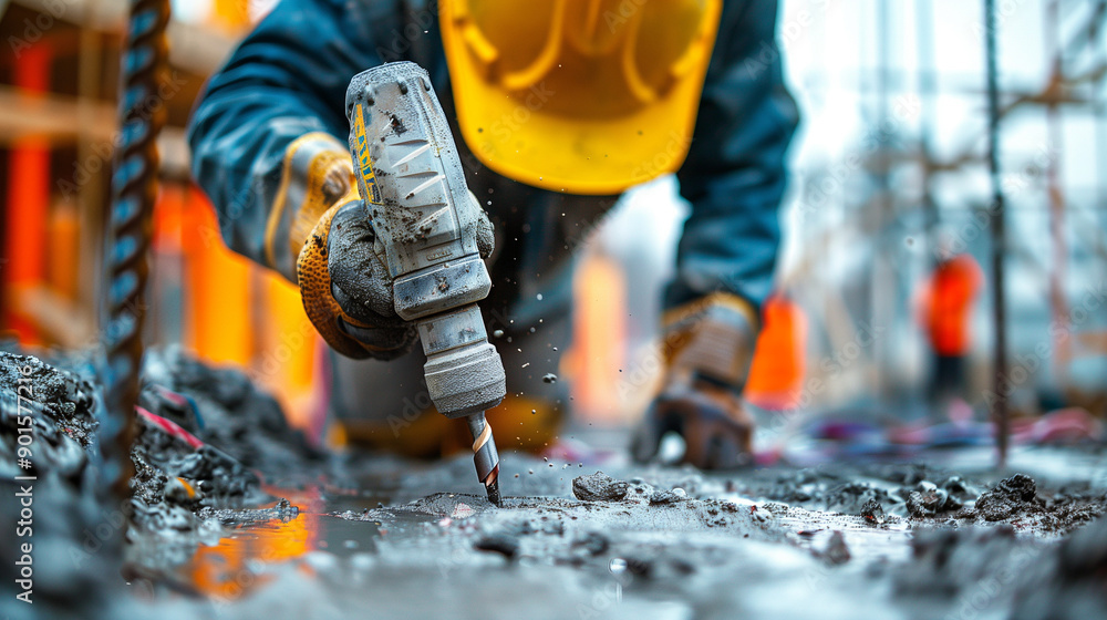 Detailed view of a worker operating a drill at a construction site, highlighting protective gear and advanced tools.
Detailed view of a worker operating a drill at a construction site, highlighting protective gear and advanced tools.