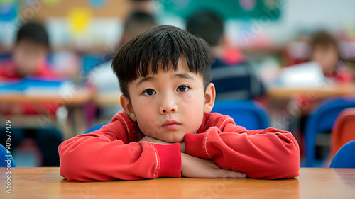 A bored Chinese elementary school boy in a classroom on his chair showing no energy to engage in class. 