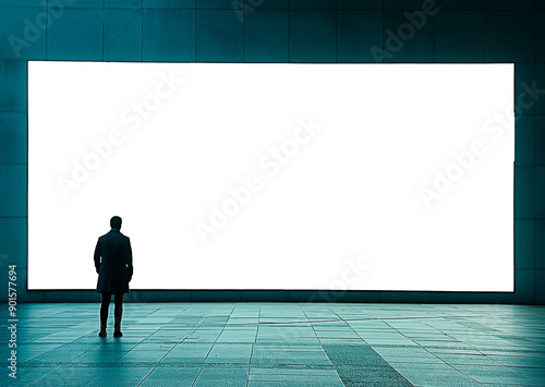 Silhouette of a businessman contemplating blank billboard screen with space for your advertisement or announcement. Spacious outdoor advertising panel and solitary viewer in street at night.