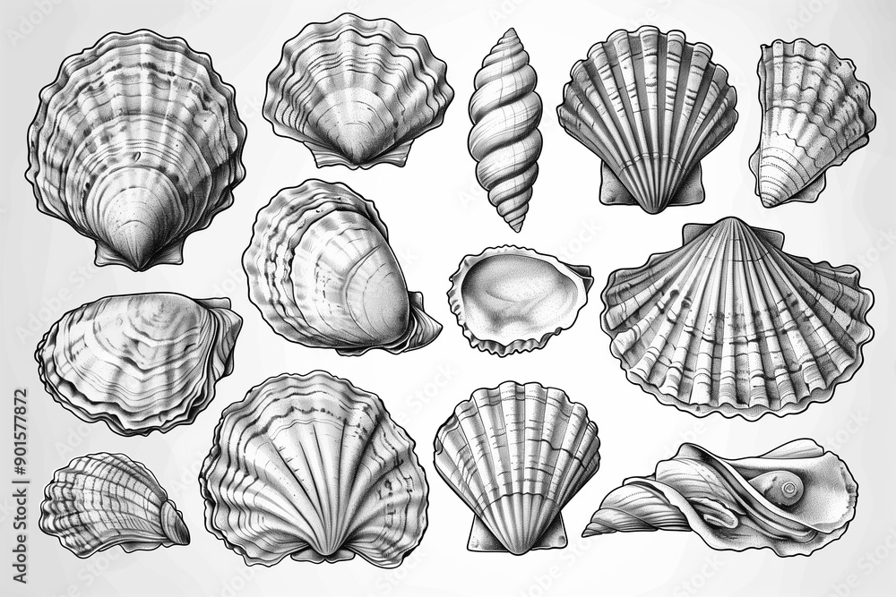 Shellfish seafood, hand drawn set. Oysters, mussels, scallop and other. Engraving style Shellfish seafood, hand drawn set. Oysters, mussels, scallop and other. Engraving style