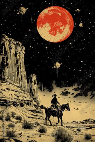 Embark on a surreal cosmic cowboy journey through the desolate wild west of an otherworldly universe under the red moon and starry night sky