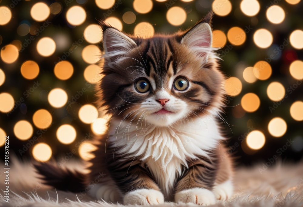 A fluffy kitten with big, curious eyes sits in front of a backdrop of twinkling Christmas lights A fluffy kitten with big, curious eyes sits in front of a backdrop of twinkling Christmas lights