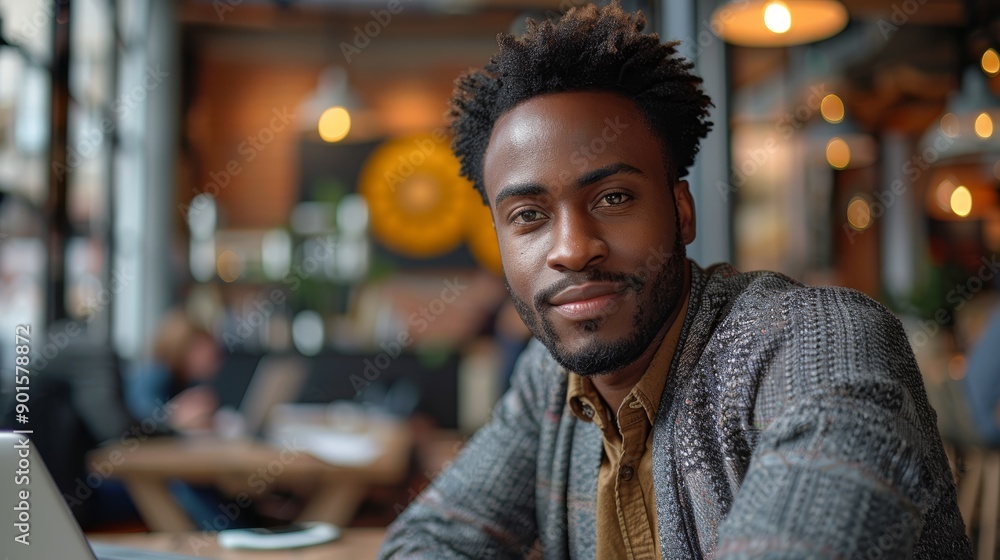 Young Man Smiling at a Cafe Table With Laptop During Afternoon in a Busy Urban Setting. Generative AI Young Man Smiling at a Cafe Table With Laptop During Afternoon in a Busy Urban Setting. Generative AI