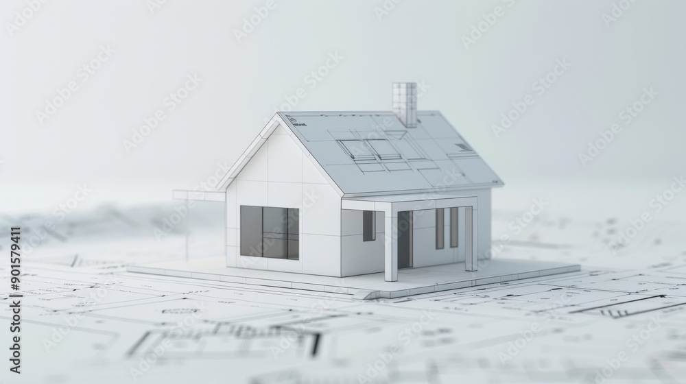 A white house model on top of blueprints for a new construction project. A white house model on top of blueprints for a new construction project.