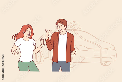 Gift car tied with large bonus stands near overjoyed couple who won automobile in lottery. Inspired man and woman celebrating receiving gift car for convenient trips to work or travel