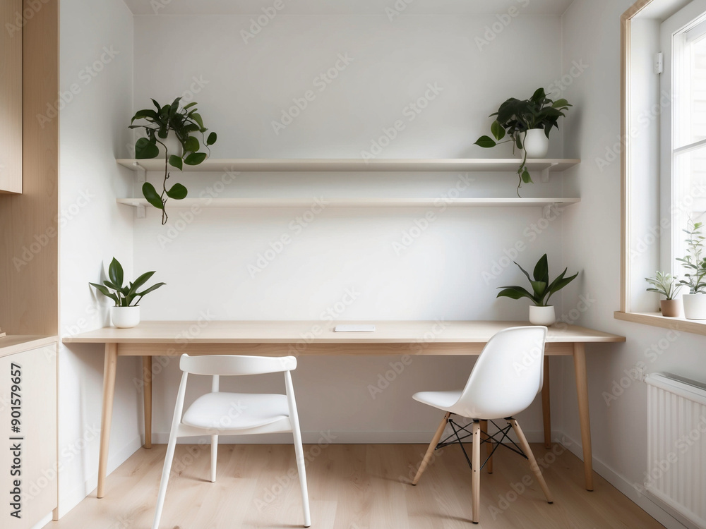 A functional Scandinavian home office with a light wood desk, a simple white chair, and minimalist shelving. A functional Scandinavian home office with a light wood desk, a simple white chair, and minimalist shelving.
