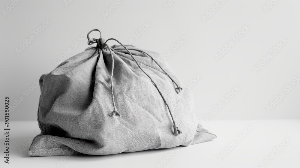 Stylish and minimalist gray textile bag with tie on white background - ideal for eco-conscious individuals looking for reusable options Stylish and minimalist gray textile bag with tie on white background - ideal for eco-conscious individuals looking for reusable options