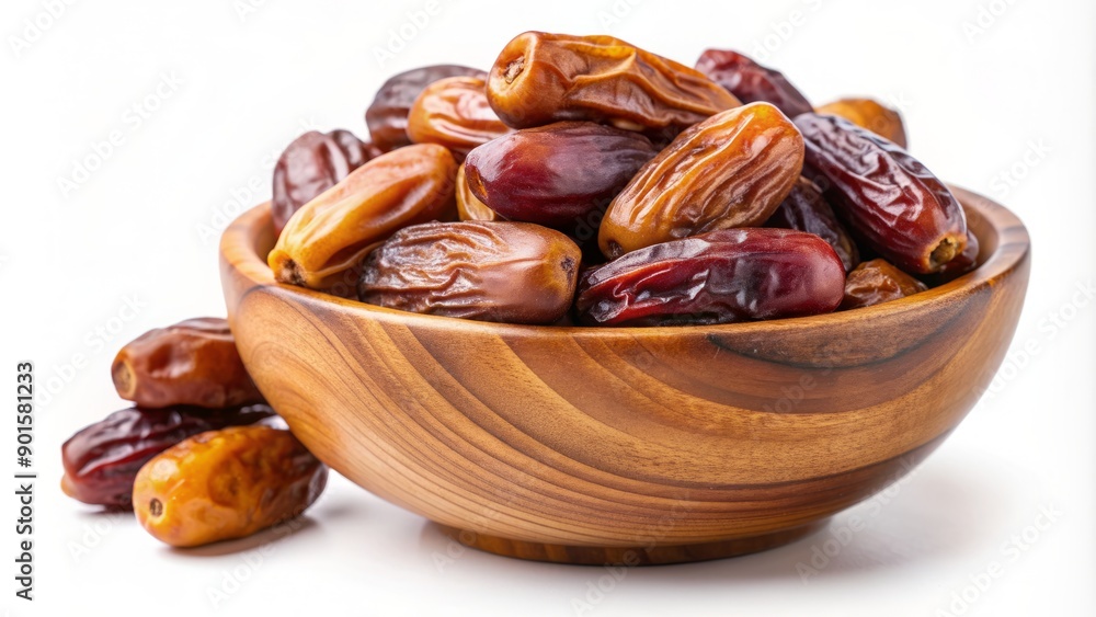 A heaping bowl filled with an assortment of dried dates in varying shades of brown, isolated on a transparent background, with subtle shadows and soft focus. A heaping bowl filled with an assortment of dried dates in varying shades of brown, isolated on a transparent background, with subtle shadows and soft focus.