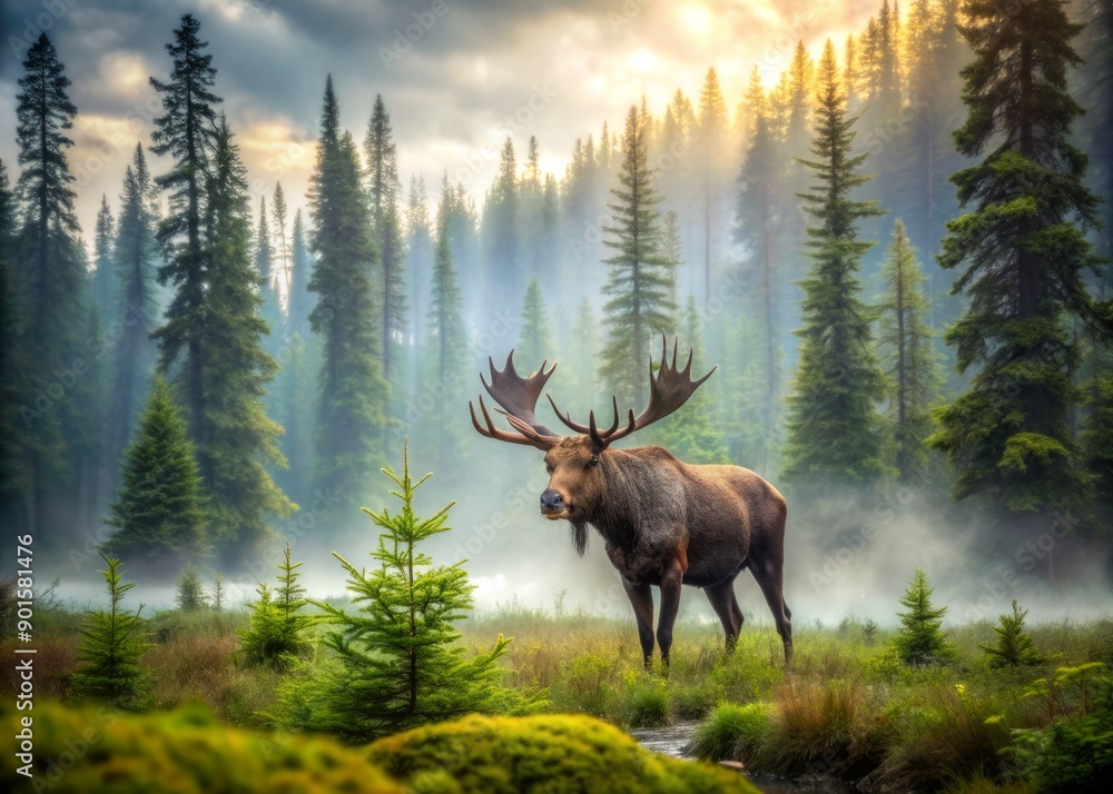 Majestic moose roams freely in serene forest landscape with lush greenery, tall trees, and misty atmosphere, showcasing its grandeur in natural wilderness setting. Majestic moose roams freely in serene forest landscape with lush greenery, tall trees, and misty atmosphere, showcasing its grandeur in natural wilderness setting.