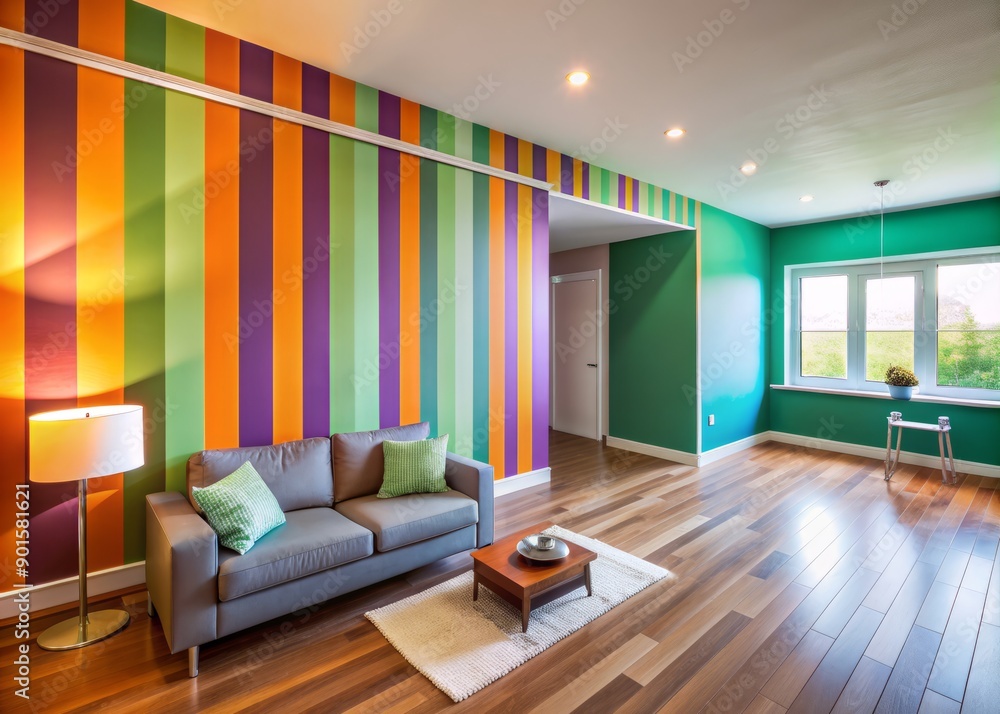 Fototapeta premium Precise tape removal reveals a vibrant accent wall, breathing new life into a home renovation, as bold colors and clean lines merge in perfect interior design harmony.