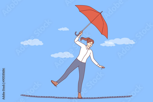 Business and career risks are experienced by woman, walking thin tightrope and balancing to achieve personal goals. Importance of balancing for office workers overcoming obstacles to success