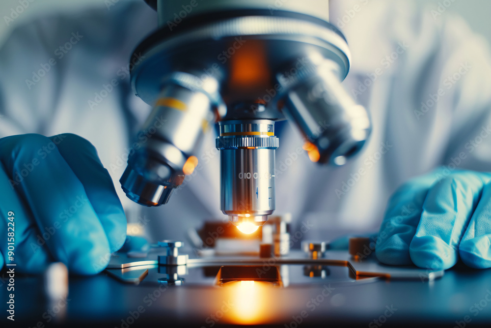 A scientist's gloved hand adjusts a slide under a microscope. A scientist's gloved hand adjusts a slide under a microscope.
