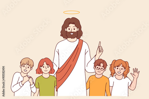 Jesus christ smiles standing with children, preaching love and kindness to followers of christian religion. Jesus christ among sunday school students wanting to join catholic faith