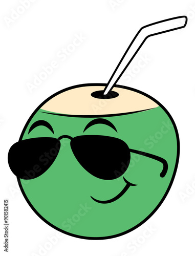Coconut fruit cartoon characters wearing sunglasses with straw on it. Best for sticker, decoration, logo, and mascot with summer themes