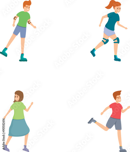 Skater people icons set cartoon vector. Boy and girl roller skating. Sport, outdoor activity © nsit0108