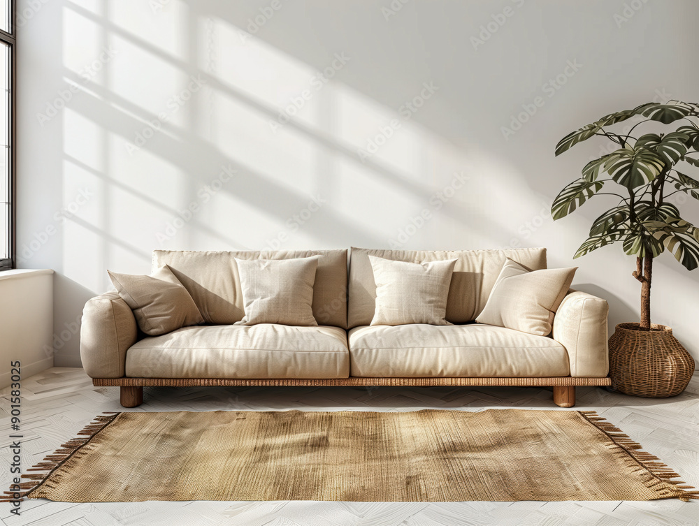 Beige sofa against light wall in simple living room interior Beige sofa against light wall in simple living room interior