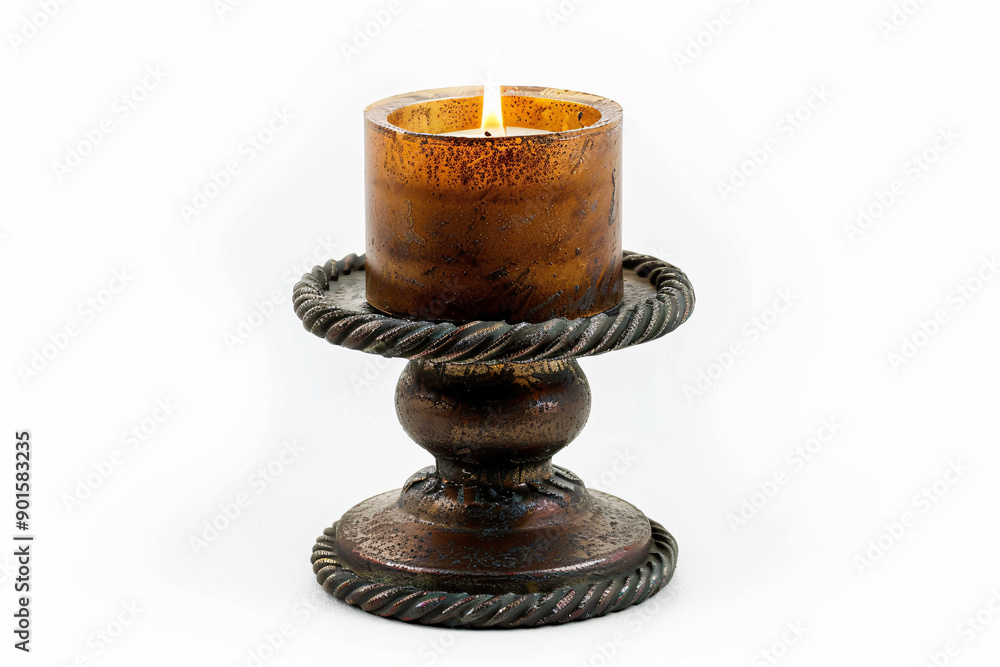 A single candle burns brightly in a rustic metal holder, adding a warm glow to the scene. A single candle burns brightly in a rustic metal holder, adding a warm glow to the scene.