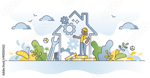Home maintenance and technical house improvement service outline concept, transparent background. Work with under construction building as professional inspection illustration. Renovation or repair.