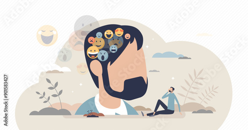 Inner voice as different emotion and feeling reflections tiny person concept, transparent background. Internal voice arguing.