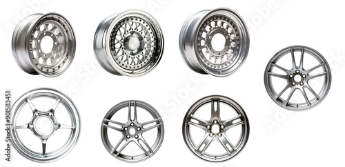 Set of alloy car wheels is showcased, highlighting their unique designs and finishes for automotive lovers photo