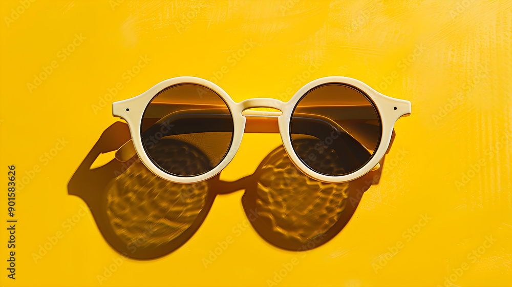 Stylish sunglasses resting on a soft yellow surface, ready for sunny days ahead Stylish sunglasses resting on a soft yellow surface, ready for sunny days ahead