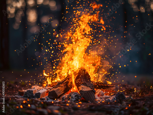 Bonfire in a tourist camp, flame and fire sparks on dark abstract background