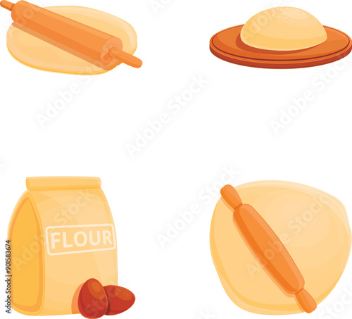Preparing dough icons set cartoon vector. Kneading and rolling out dough process. Pastries, bakery, cooking